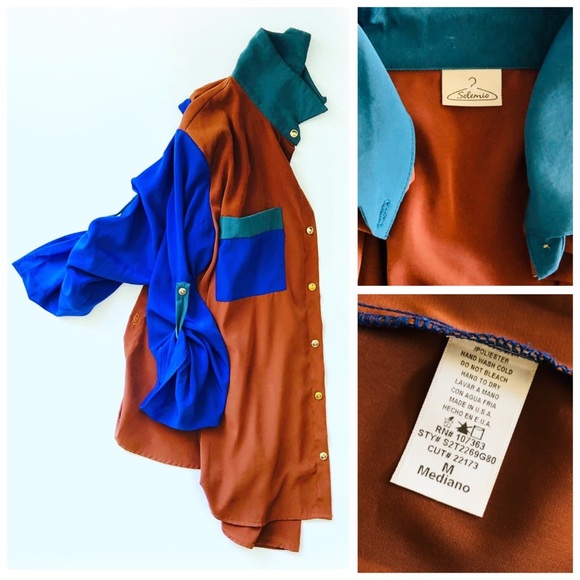Solemio Tops - Solemio Vintage-Inspired Multi-Colored Color Block Blouse, sz. M